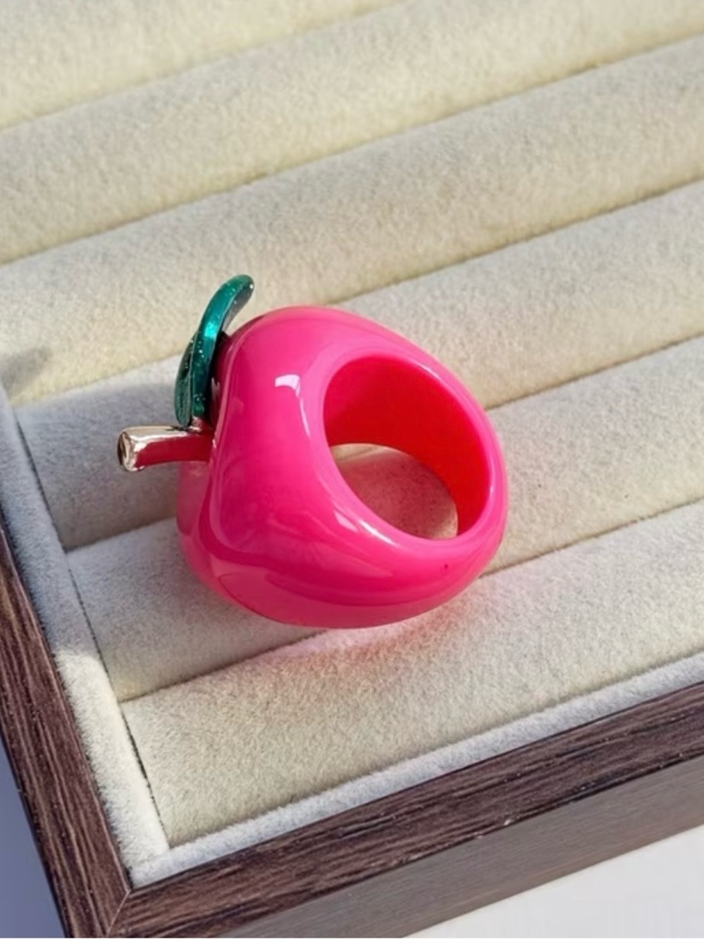 Pink Apple Statement Ring with Green Leaf